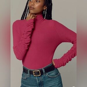 Anthropologie Pink Ruched Sleeve Turtleneck Top XXS